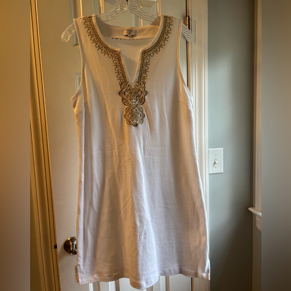 Crown & Ivy White Shift Dress with Gold Accents